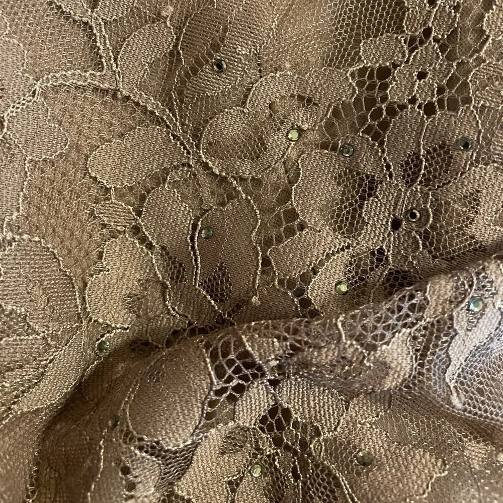 NWT La Femme Portrait Neck Embellished Lace Trumpet Evening Gown in Coco… - Picture 3 of 3